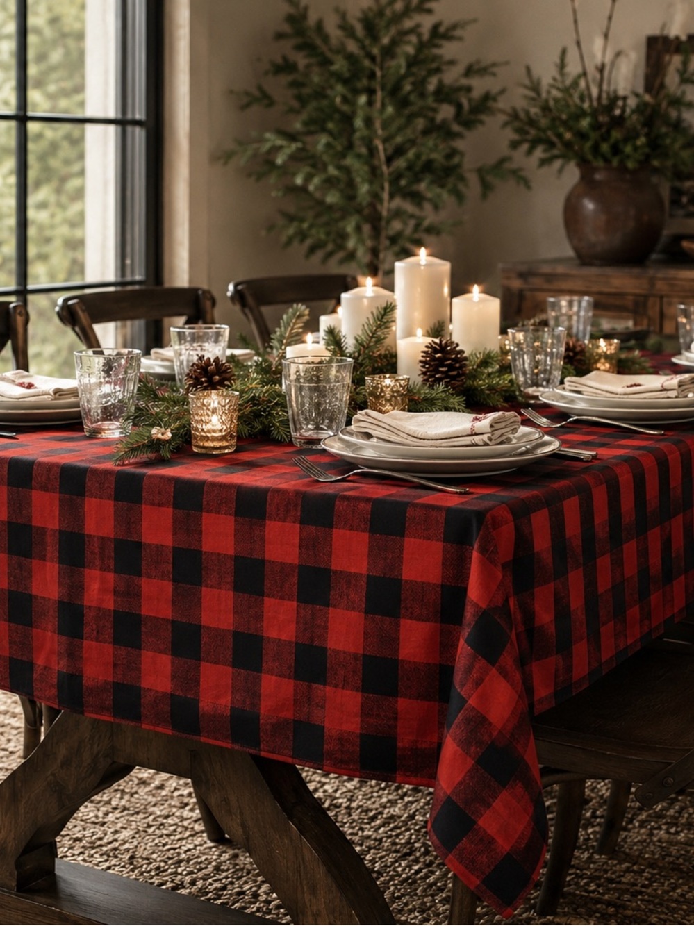 ROBERT STANLEY Red Black Buffalo Rectangle Plaid Check Table Cloth